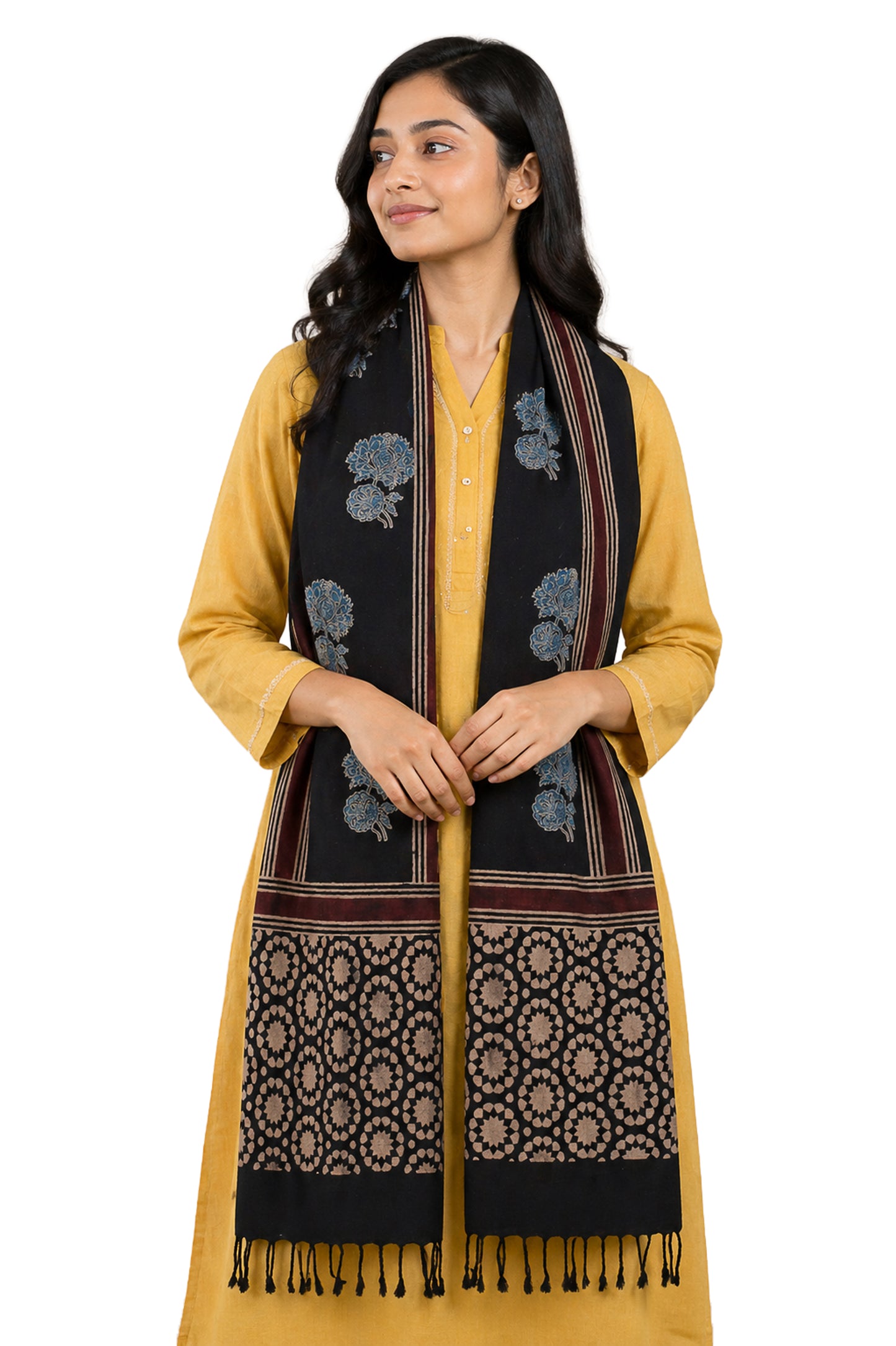 Ajrakh Kala Cotton Natural Dye Hand Block Print Stole With Tassels - 2 Mtr Length    -  SKU : EK26801E