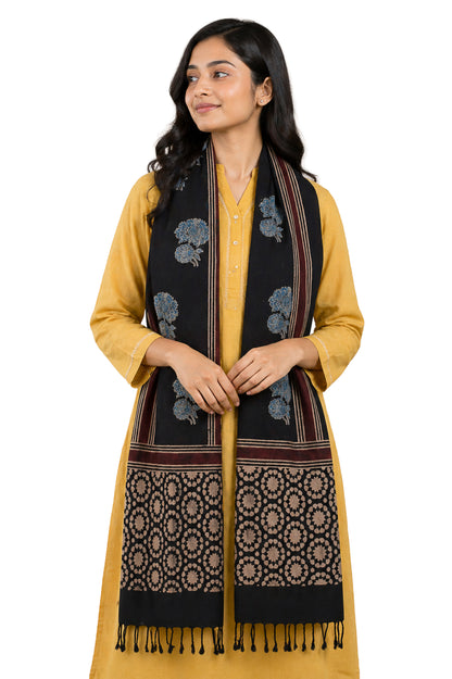 Ajrakh Kala Cotton Natural Dye Hand Block Print Stole With Tassels - 2 Mtr Length    -  SKU : EK26801E
