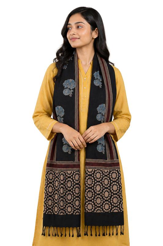 Ajrakh Kala Cotton Natural Dye Hand Block Print Stole With Tassels - 2 Mtr Length    -  SKU : EK26801E