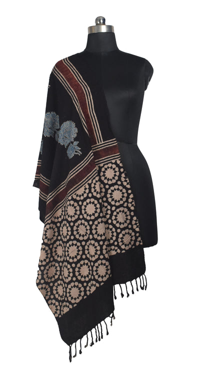 Ajrakh Kala Cotton Natural Dye Hand Block Print Stole With Tassels - 2 Mtr Length    -  SKU : EK26801E