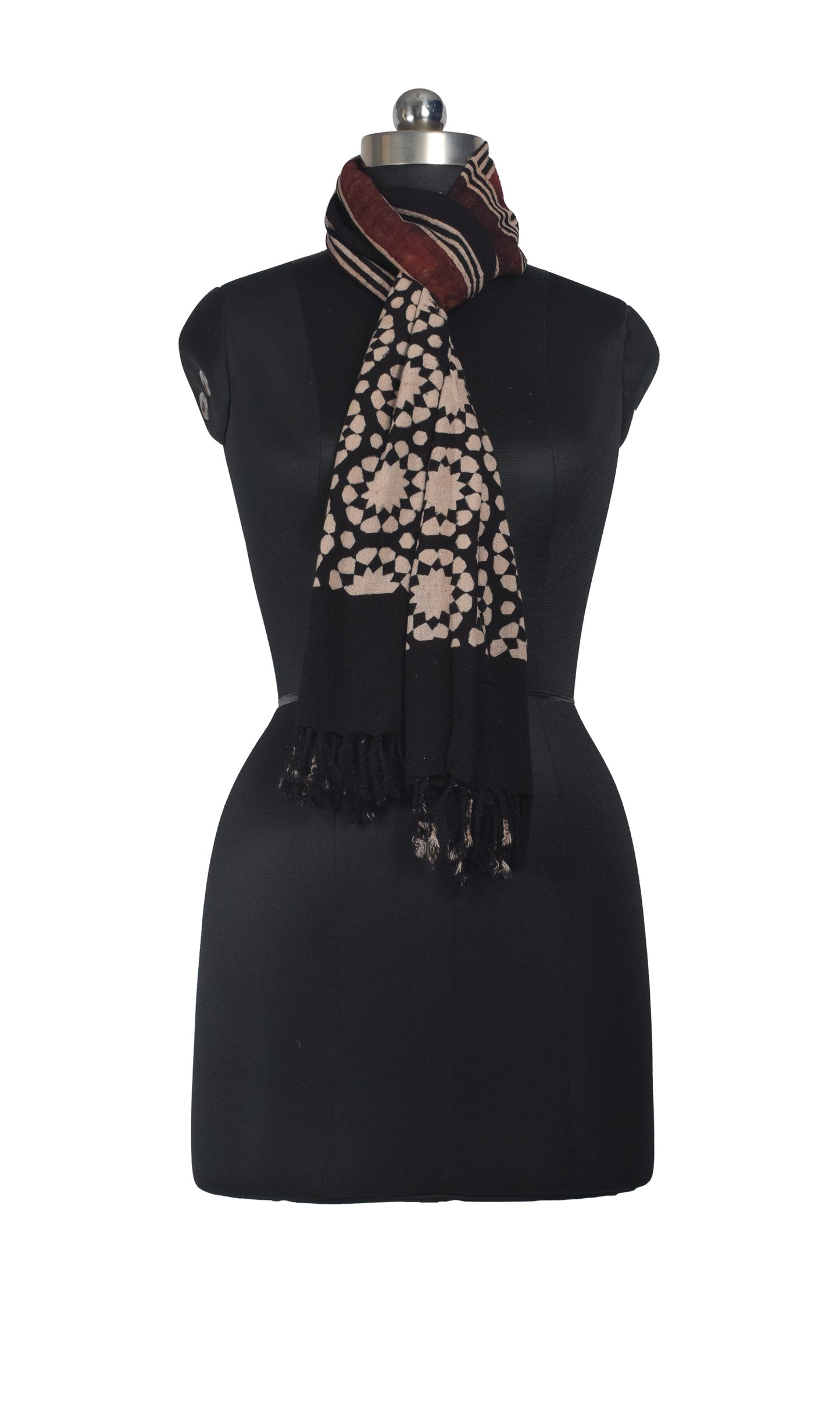 Ajrakh Kala Cotton Natural Dye Hand Block Print Stole With Tassels - 2 Mtr Length    -  SKU : EK26801E