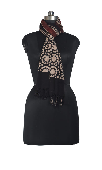 Ajrakh Kala Cotton Natural Dye Hand Block Print Stole With Tassels - 2 Mtr Length    -  SKU : EK26801E