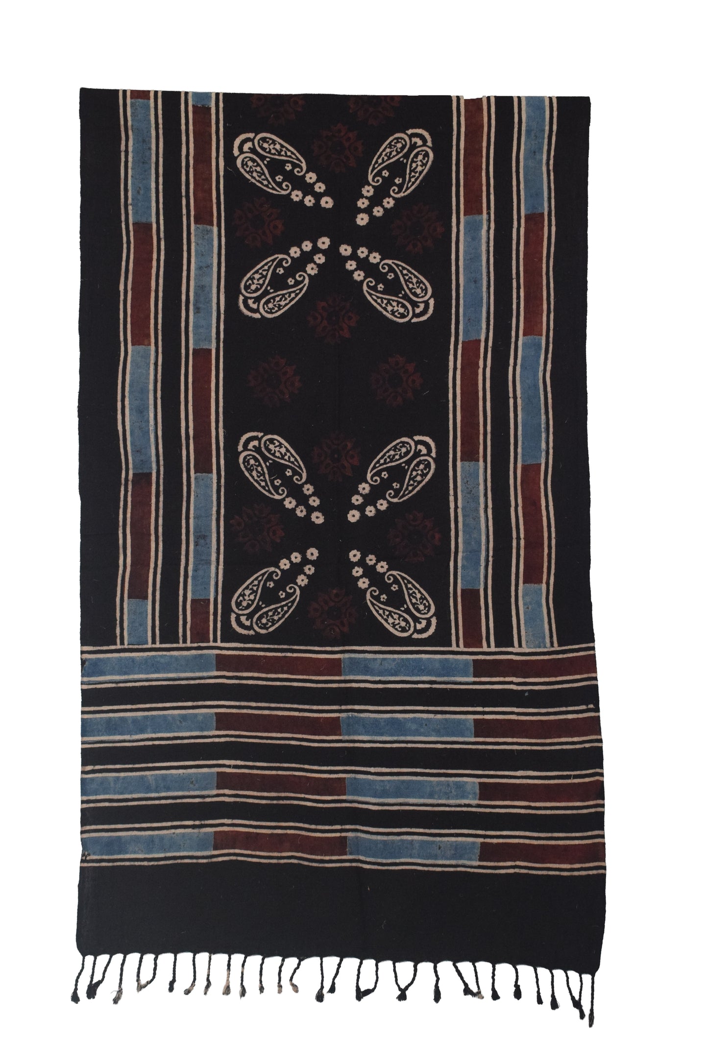 Ajrakh Kala Cotton Natural Dye Hand Block Print Stole With Tassels - 2 Mtr Length    -  SKU : EK26801G