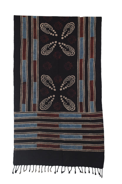 Ajrakh Kala Cotton Natural Dye Hand Block Print Stole With Tassels - 2 Mtr Length    -  SKU : EK26801G