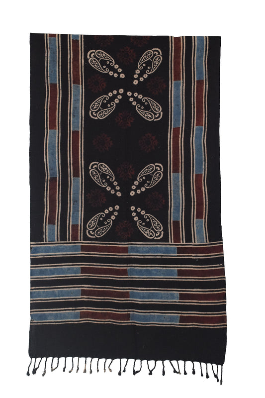Ajrakh Kala Cotton Natural Dye Hand Block Print Stole With Tassels - 2 Mtr Length    -  SKU : EK26801G