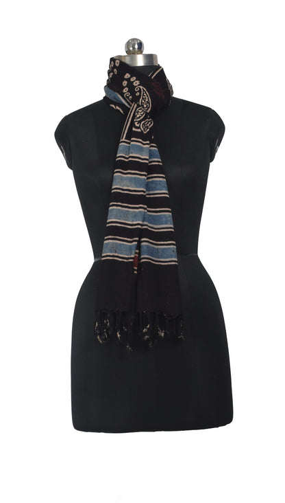 Ajrakh Kala Cotton Natural Dye Hand Block Print Stole With Tassels - 2 Mtr Length    -  SKU : EK26801G