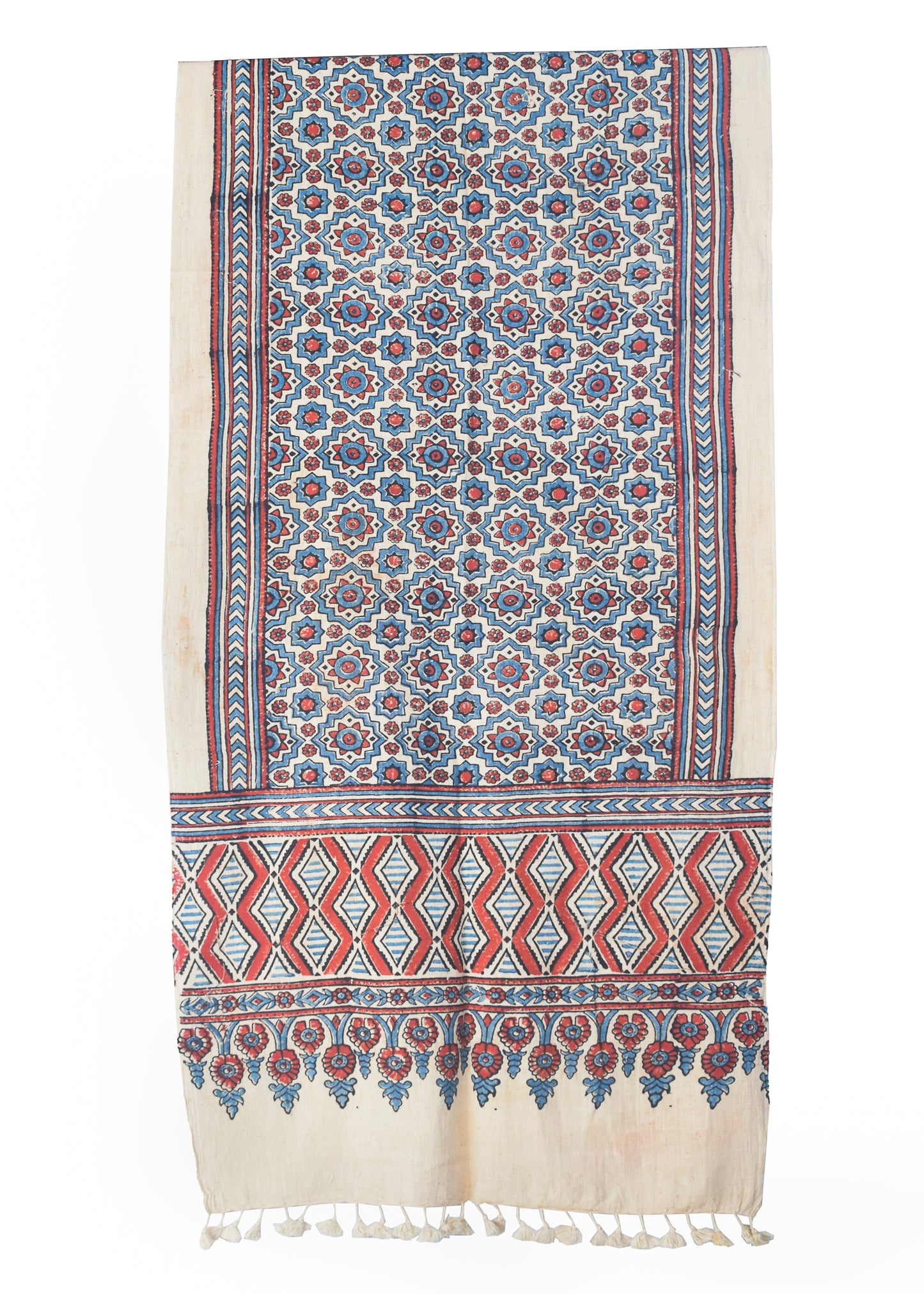 Ajrakh Kala Cotton Natural Dye Hand Block Print Stole With Tassels - 2 Mtr Length    -  SKU : DB03302D