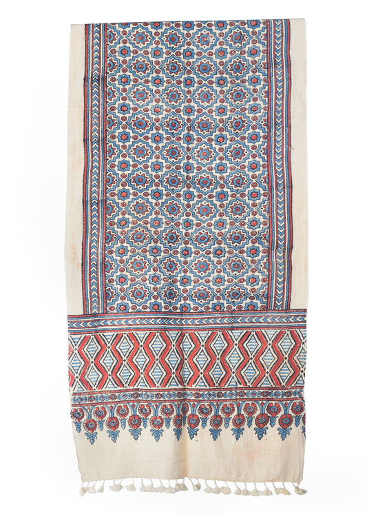 Ajrakh Kala Cotton Natural Dye Hand Block Print Stole With Tassels - 2 Mtr Length    -  SKU : DB03302D