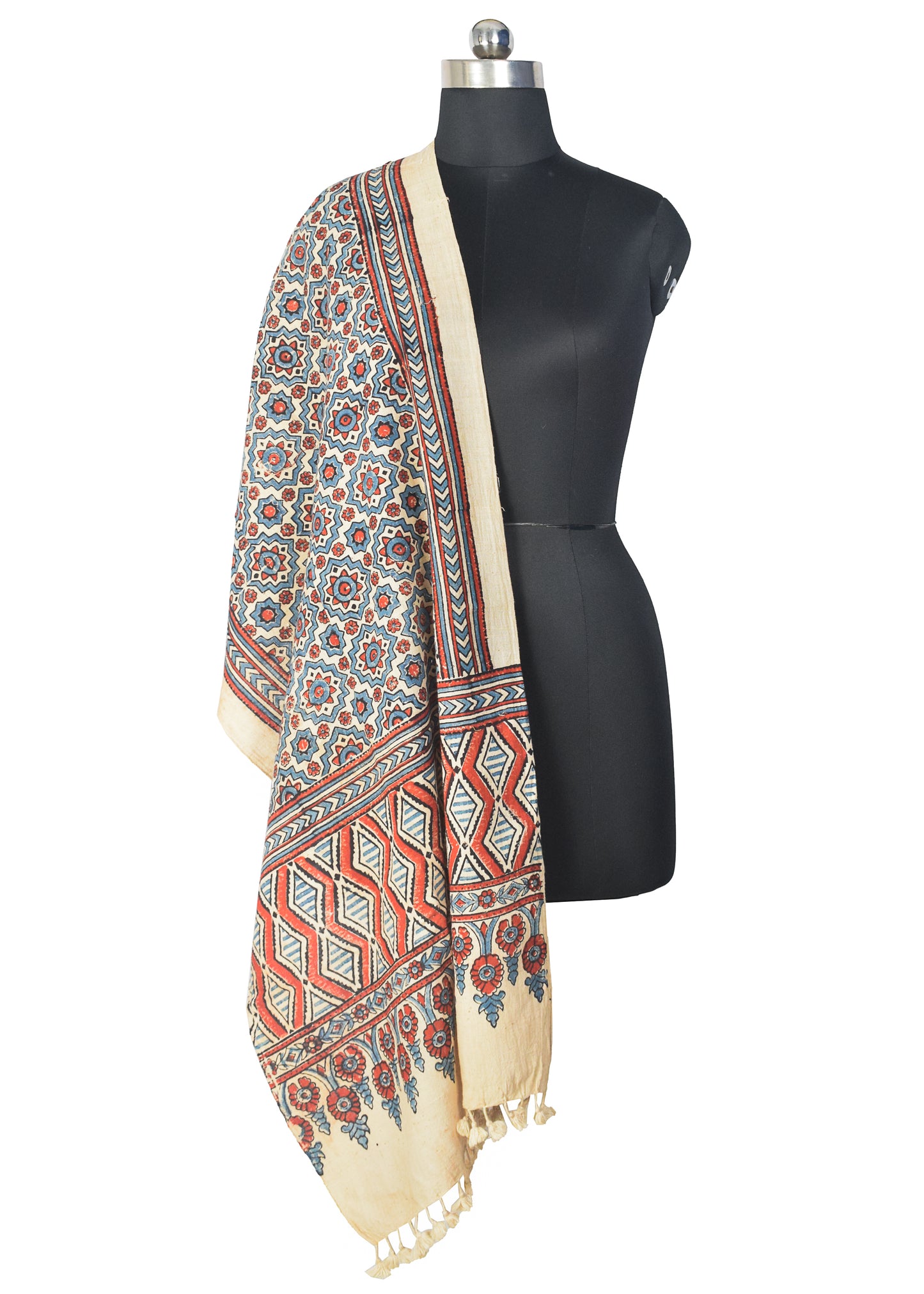 Ajrakh Kala Cotton Natural Dye Hand Block Print Stole With Tassels - 2 Mtr Length    -  SKU : DB03302D