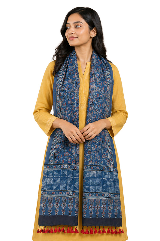 Ajrakh Kala Cotton Natural Dye Hand Block Print Stole With Tassels - 2 Mtr Length    -  SKU : DB03302F