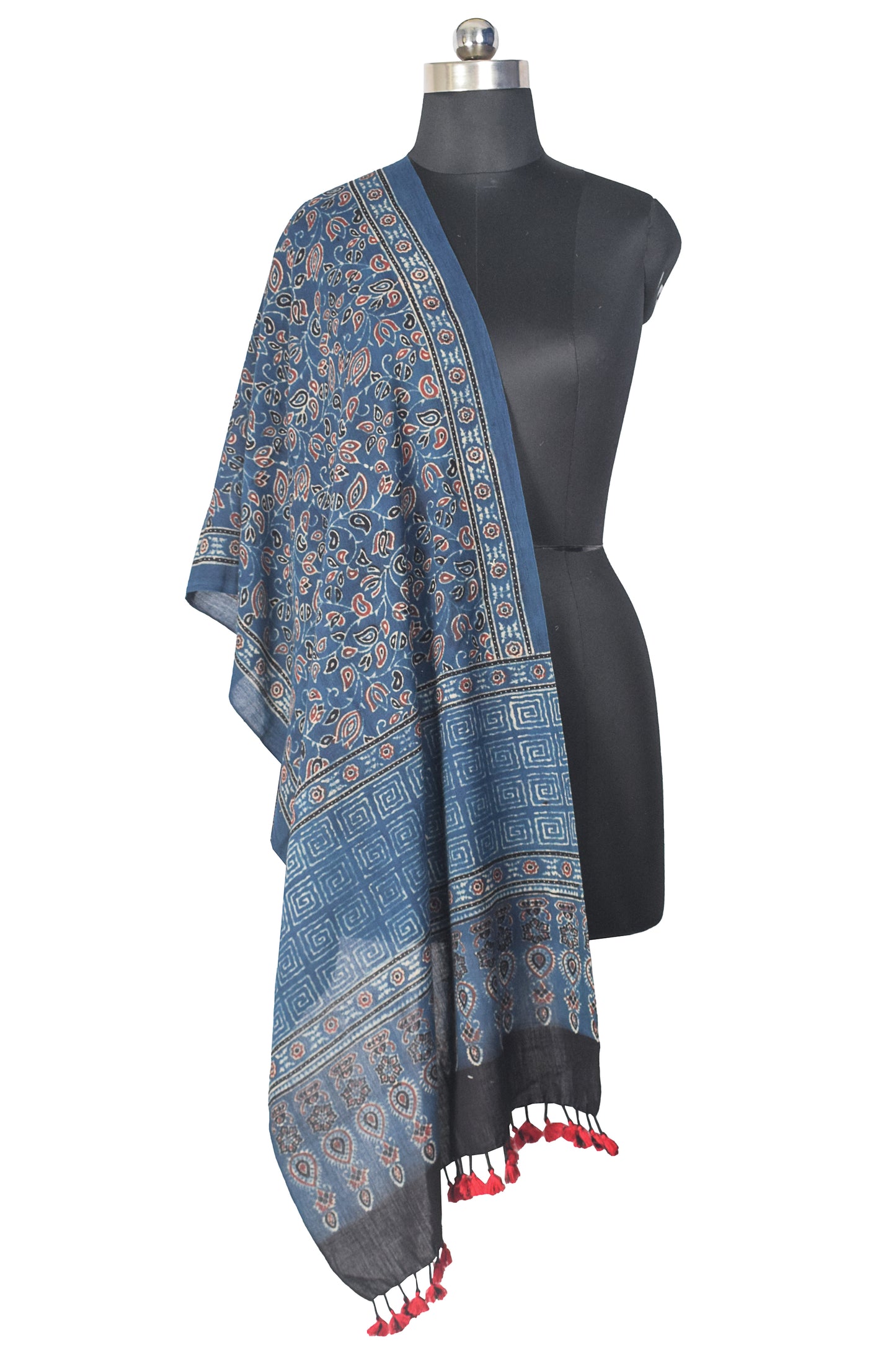 Ajrakh Kala Cotton Natural Dye Hand Block Print Stole With Tassels - 2 Mtr Length    -  SKU : DB03302F