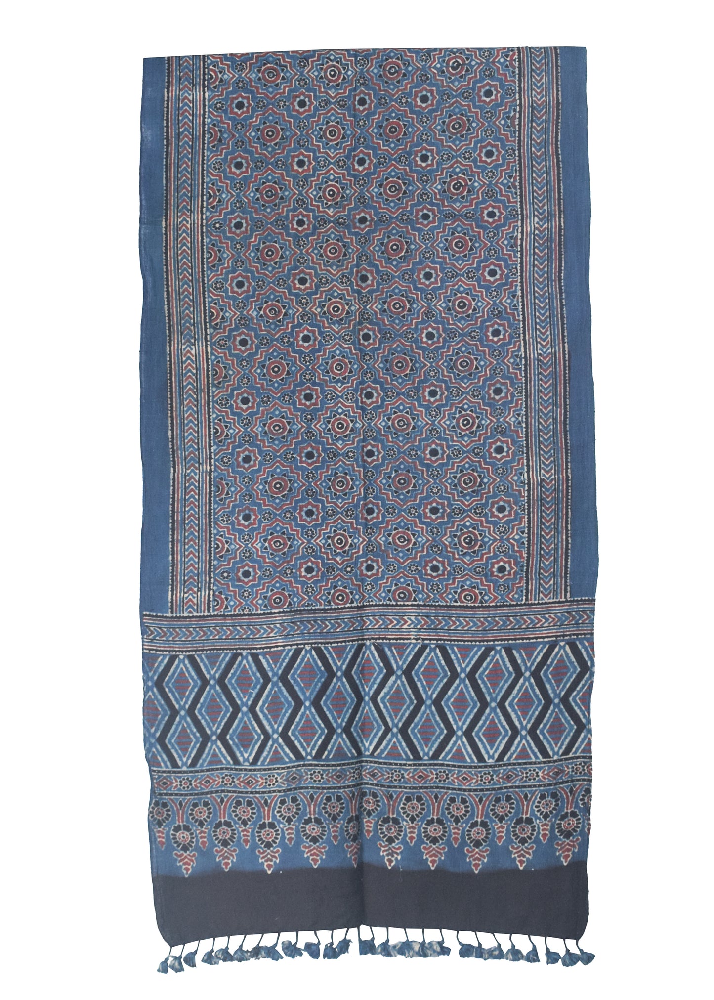 Ajrakh Kala Cotton Natural Dye Hand Block Print Stole With Tassels - 2 Mtr Length    -  SKU : DB03302G