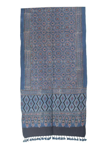 Ajrakh Kala Cotton Natural Dye Hand Block Print Stole With Tassels - 2 Mtr Length    -  SKU : DB03302G