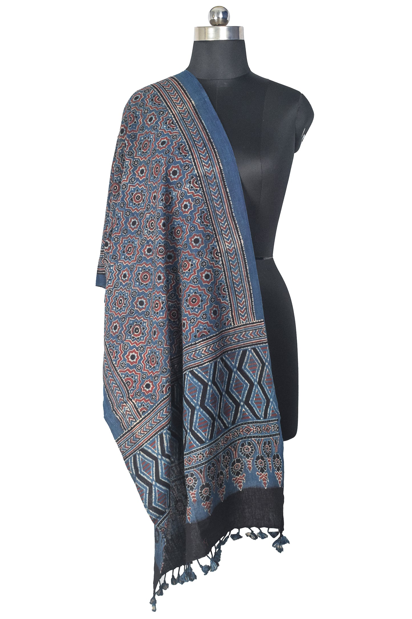 Ajrakh Kala Cotton Natural Dye Hand Block Print Stole With Tassels - 2 Mtr Length    -  SKU : DB03302G