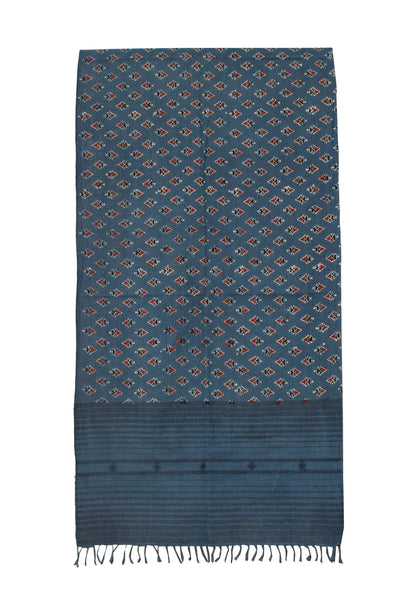 Ajrakh Kala Cotton Natural Dye Hand Block Print Stole With Tassels     -  SKU : DB28501A