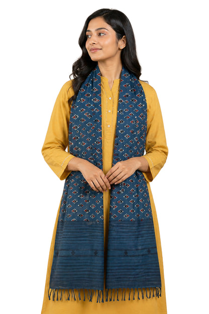 Ajrakh Kala Cotton Natural Dye Hand Block Print Stole With Tassels     -  SKU : DB28501A