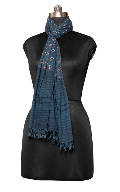 Ajrakh Kala Cotton Natural Dye Hand Block Print Stole With Tassels     -  SKU : DB28501A