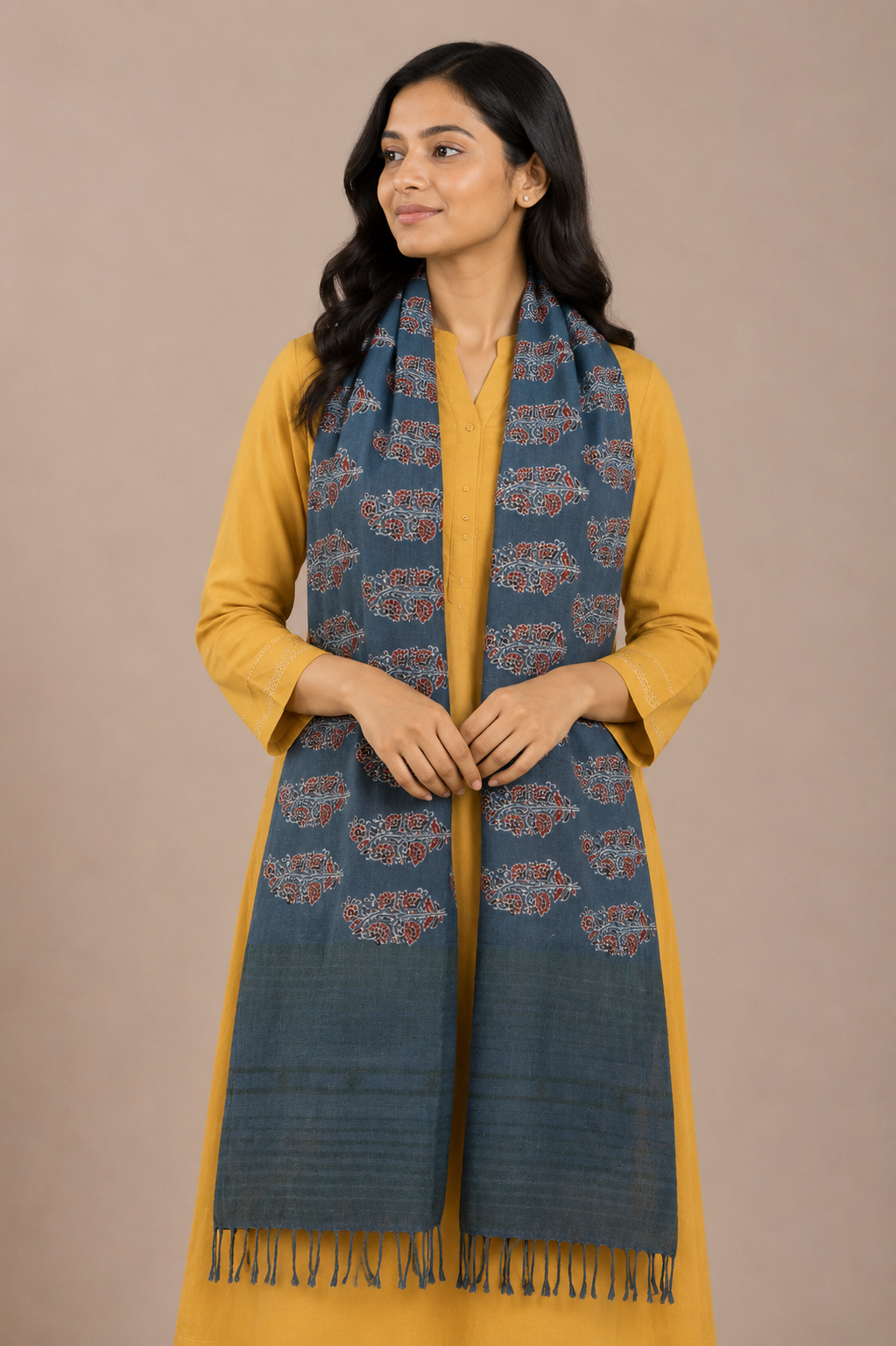 Ajrakh Kala Cotton Natural Dye Hand Block Print Stole With Tassels     -  SKU : DB28501D