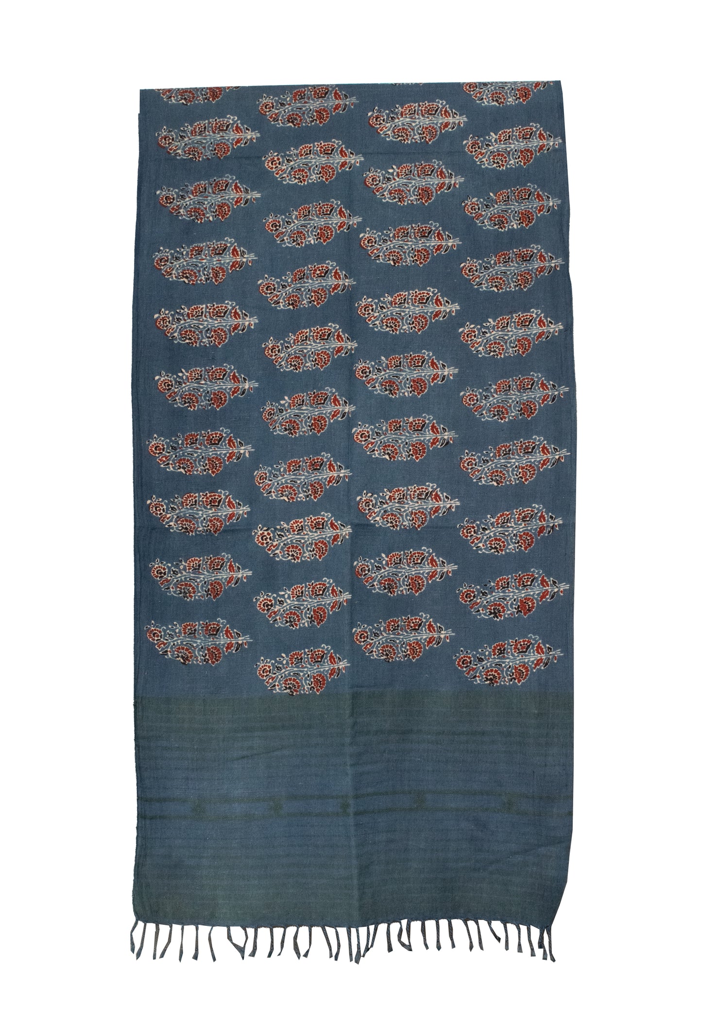 Ajrakh Kala Cotton Natural Dye Hand Block Print Stole With Tassels     -  SKU : DB28501D