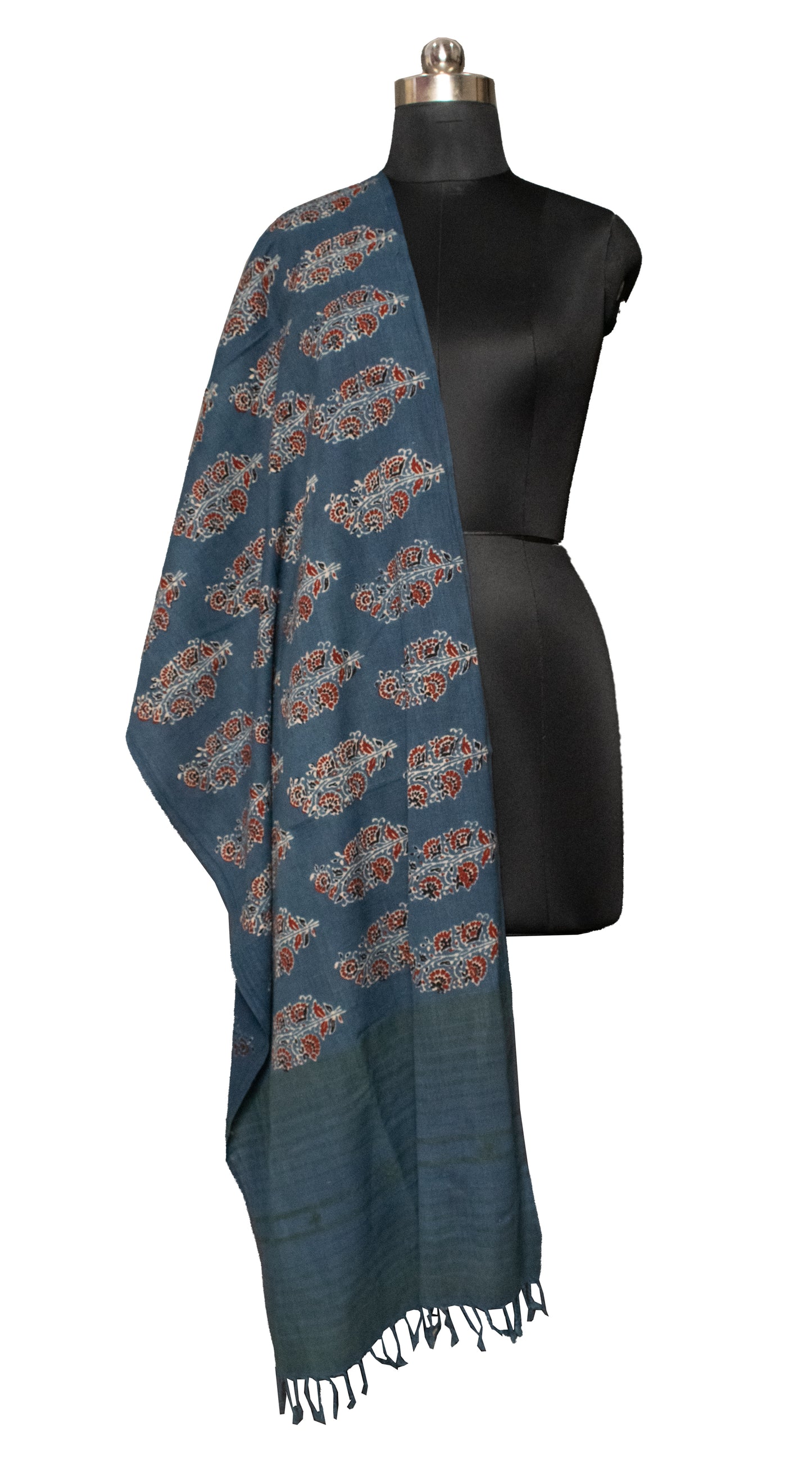 Ajrakh Kala Cotton Natural Dye Hand Block Print Stole With Tassels     -  SKU : DB28501D