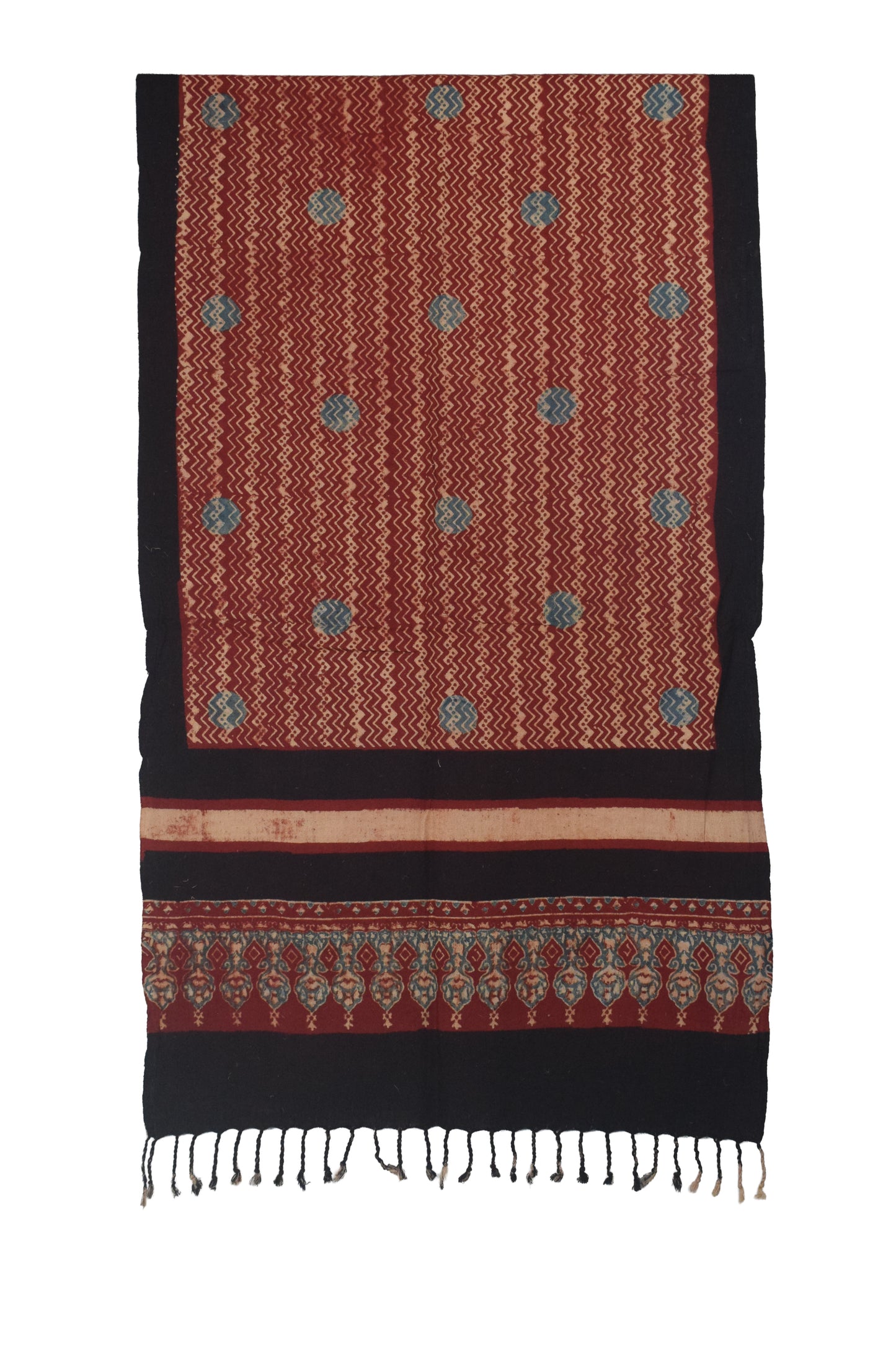 Ajrakh Kala Cotton Natural Dye Hand Block Print Stole With Tassels - 2 Mtr Length    -  SKU : EK26801I