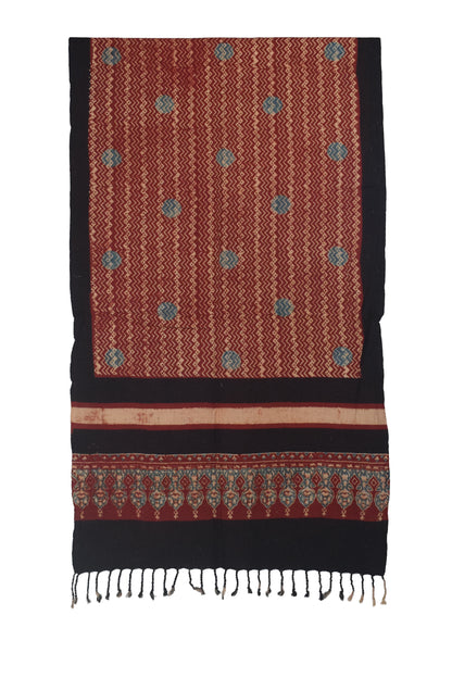 Ajrakh Kala Cotton Natural Dye Hand Block Print Stole With Tassels - 2 Mtr Length    -  SKU : EK26801I
