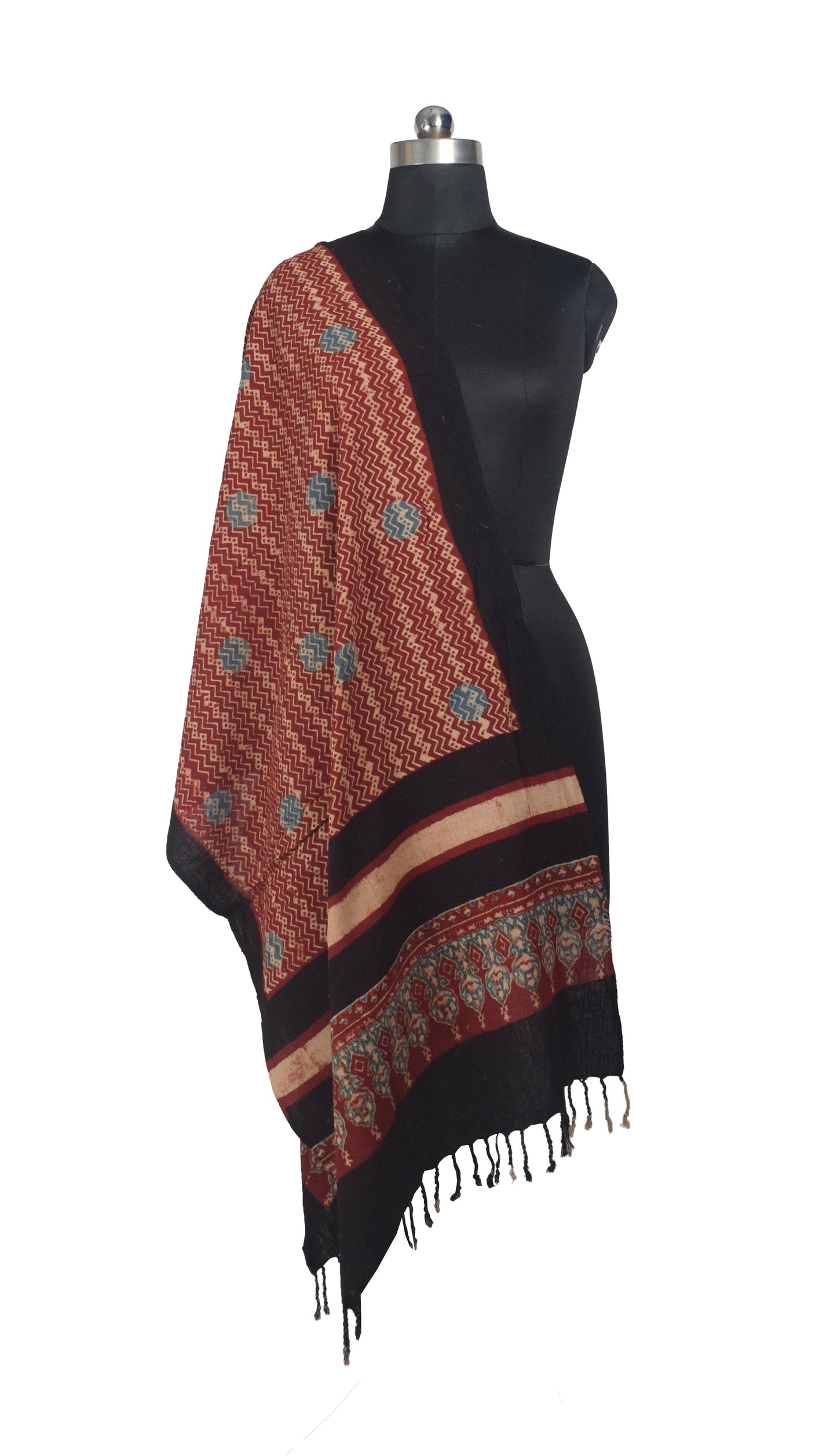 Ajrakh Kala Cotton Natural Dye Hand Block Print Stole With Tassels - 2 Mtr Length    -  SKU : EK26801I