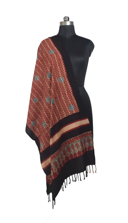 Ajrakh Kala Cotton Natural Dye Hand Block Print Stole With Tassels - 2 Mtr Length    -  SKU : EK26801I