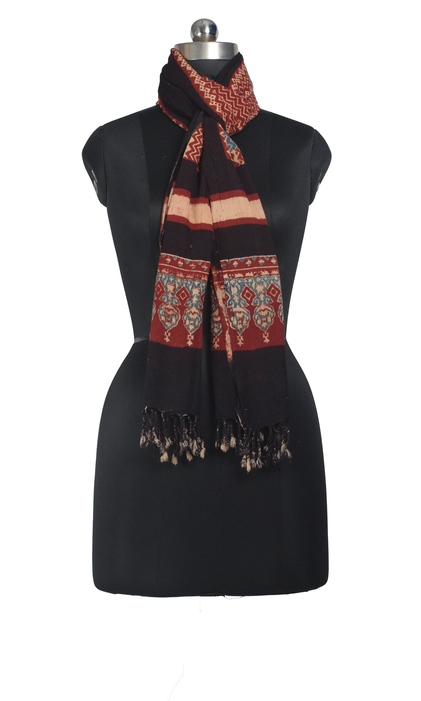 Ajrakh Kala Cotton Natural Dye Hand Block Print Stole With Tassels - 2 Mtr Length    -  SKU : EK26801I