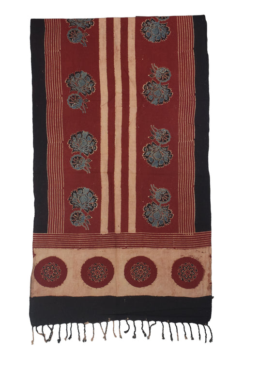 Ajrakh Kala Cotton Natural Dye Hand Block Print Stole With Tassels - 2 Mtr Length    -  SKU : EK26801J