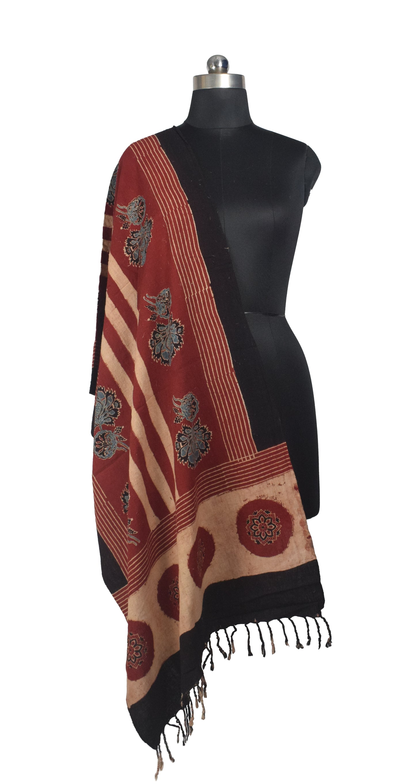Ajrakh Kala Cotton Natural Dye Hand Block Print Stole With Tassels - 2 Mtr Length    -  SKU : EK26801J