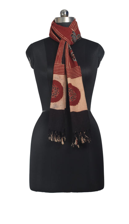 Ajrakh Kala Cotton Natural Dye Hand Block Print Stole With Tassels - 2 Mtr Length    -  SKU : EK26801J