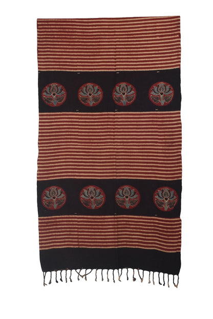 Ajrakh Kala Cotton Natural Dye Hand Block Print Stole With Tassels - 2 Mtr Length    -  SKU : EK26801K