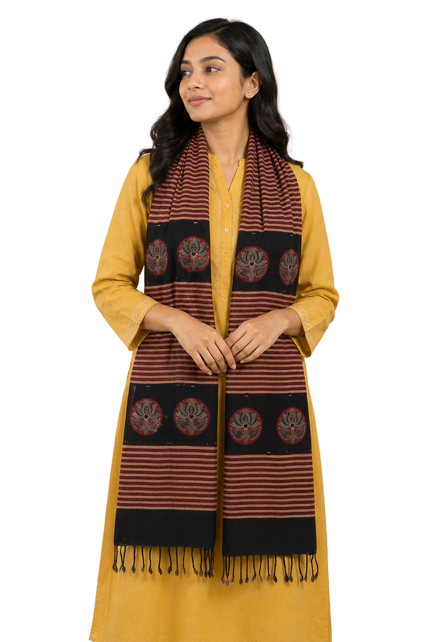 Ajrakh Kala Cotton Natural Dye Hand Block Print Stole With Tassels - 2 Mtr Length    -  SKU : EK26801K