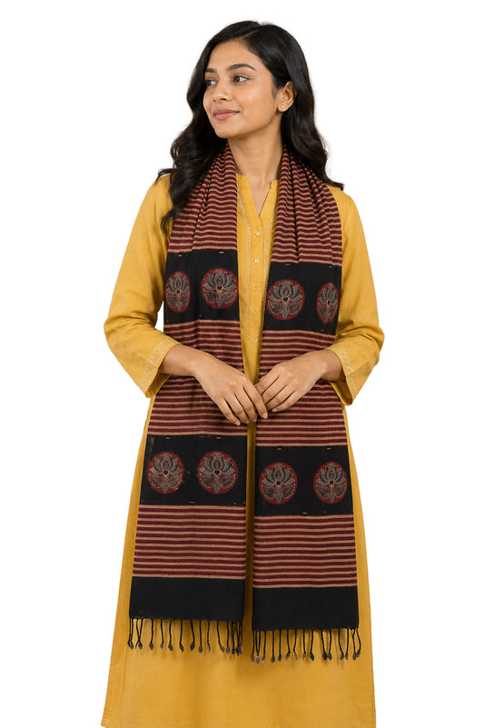 Ajrakh Kala Cotton Natural Dye Hand Block Print Stole With Tassels - 2 Mtr Length    -  SKU : EK26801K
