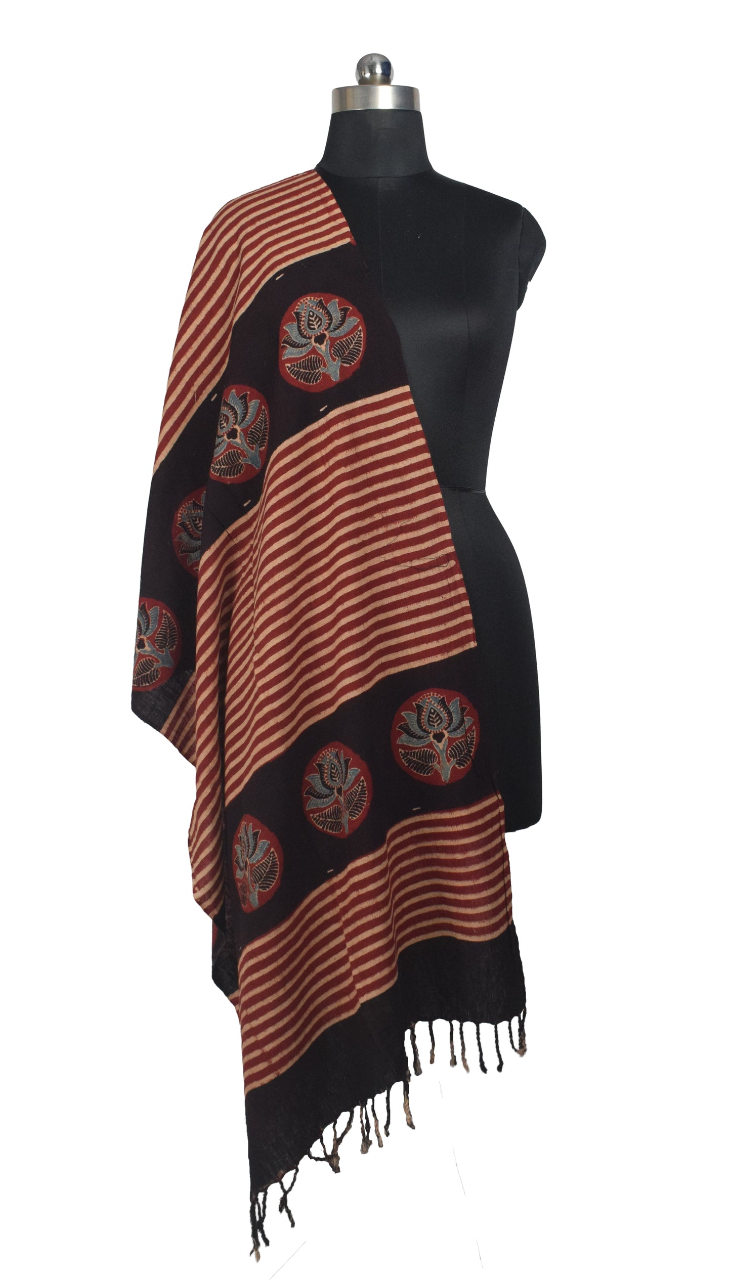 Ajrakh Kala Cotton Natural Dye Hand Block Print Stole With Tassels - 2 Mtr Length    -  SKU : EK26801K