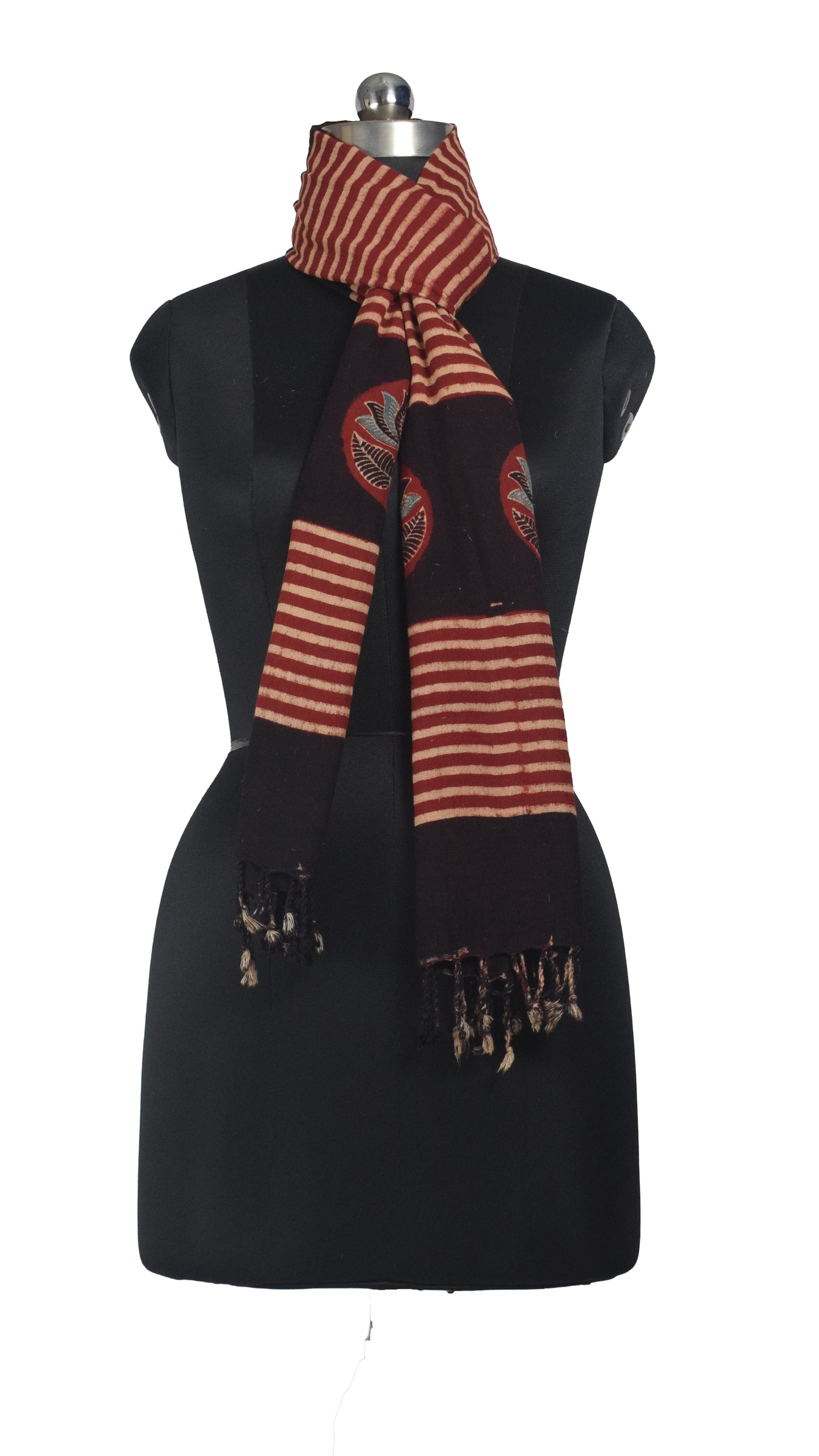 Ajrakh Kala Cotton Natural Dye Hand Block Print Stole With Tassels - 2 Mtr Length    -  SKU : EK26801K