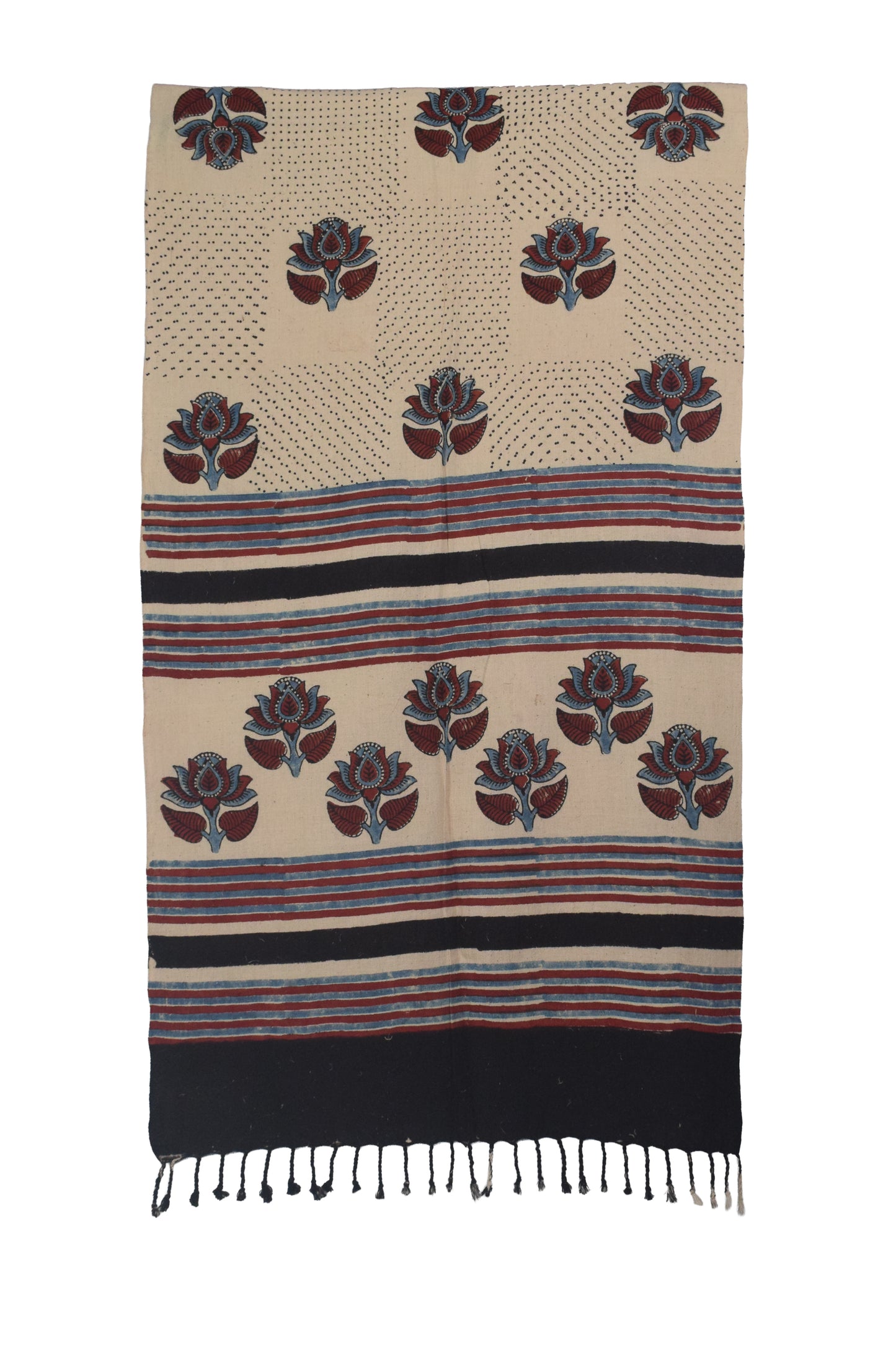 Ajrakh Kala Cotton Natural Dye Hand Block Print Stole With Tassels - 2 Mtr Length    -  SKU : EK26801A