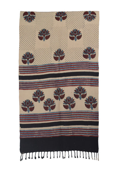 Ajrakh Kala Cotton Natural Dye Hand Block Print Stole With Tassels - 2 Mtr Length    -  SKU : EK26801A