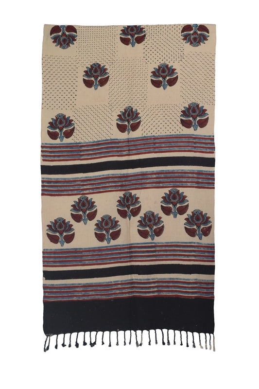 Ajrakh Kala Cotton Natural Dye Hand Block Print Stole With Tassels - 2 Mtr Length    -  SKU : EK26801A