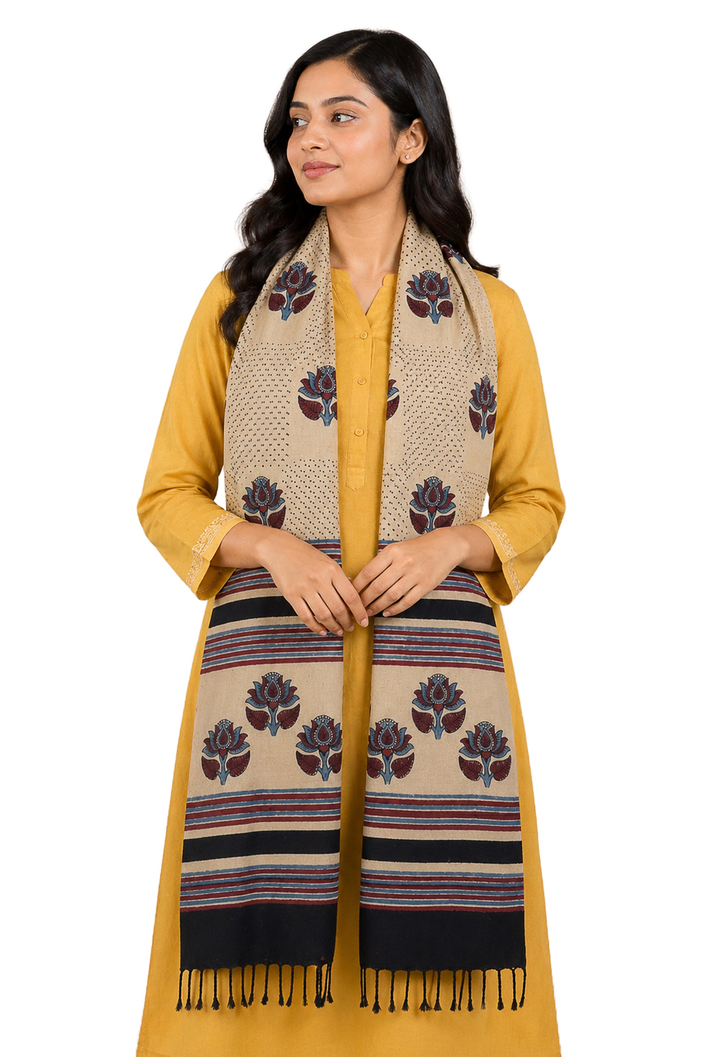 Ajrakh Kala Cotton Natural Dye Hand Block Print Stole With Tassels - 2 Mtr Length    -  SKU : EK26801A