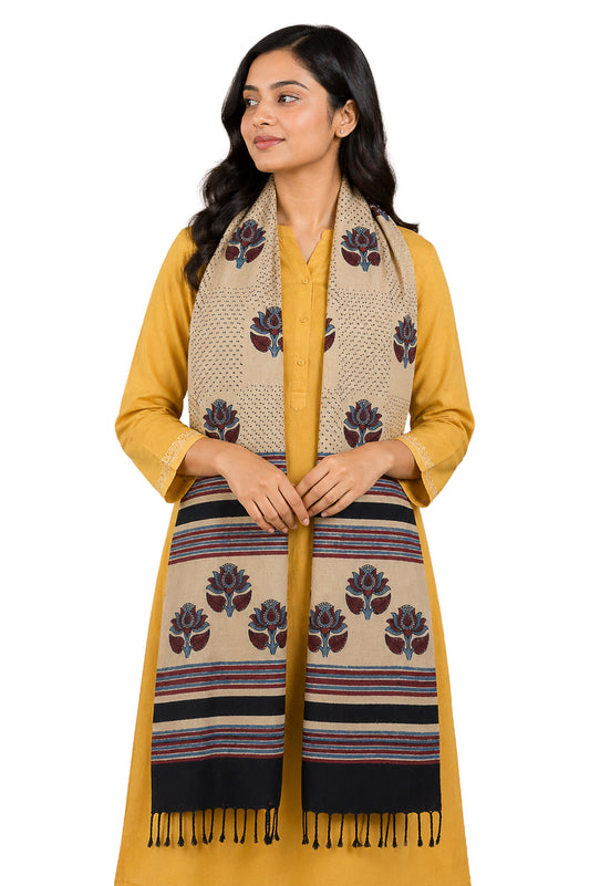 Ajrakh Kala Cotton Natural Dye Hand Block Print Stole With Tassels - 2 Mtr Length    -  SKU : EK26801A