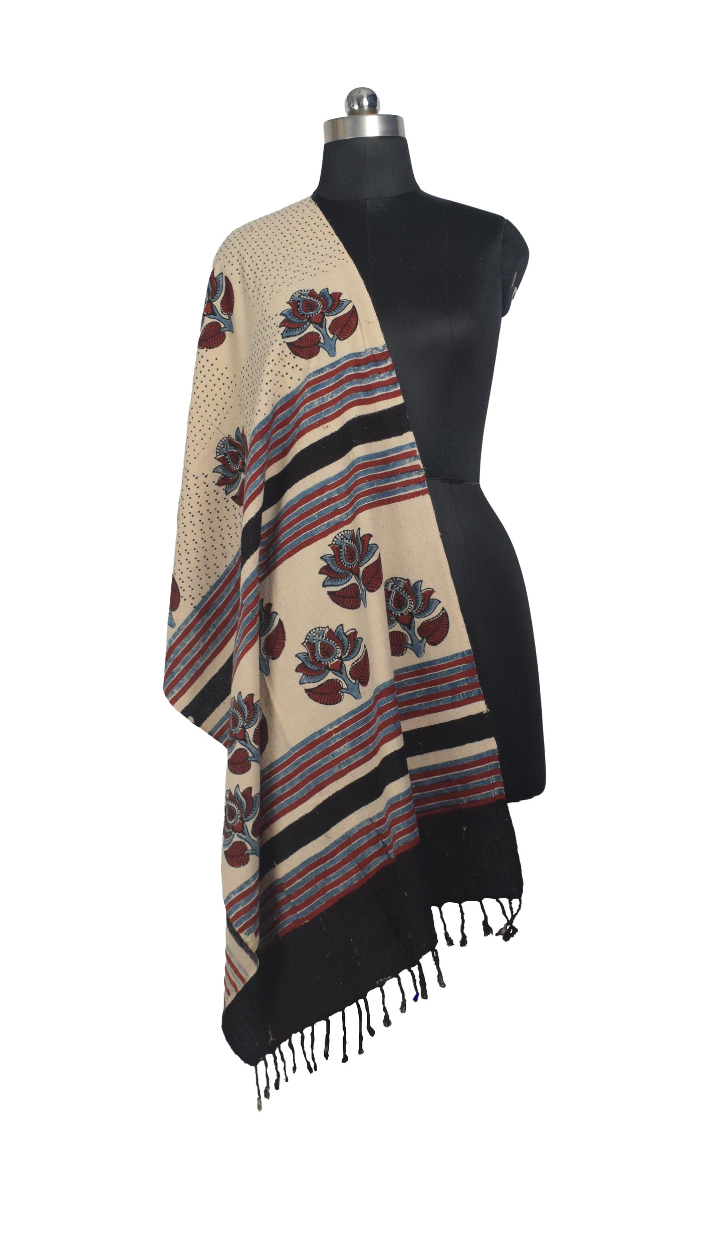 Ajrakh Kala Cotton Natural Dye Hand Block Print Stole With Tassels - 2 Mtr Length    -  SKU : EK26801A