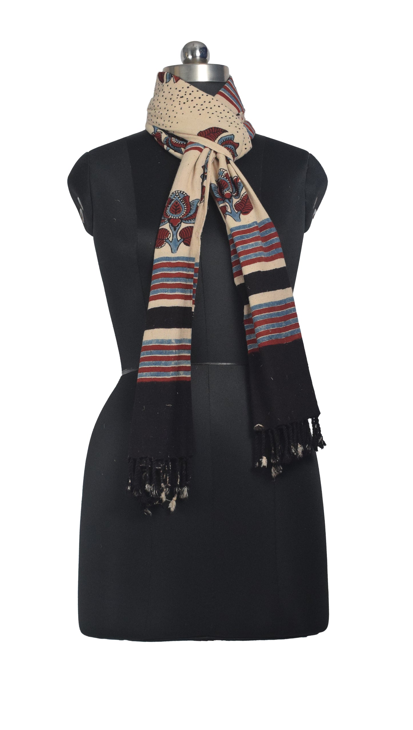 Ajrakh Kala Cotton Natural Dye Hand Block Print Stole With Tassels - 2 Mtr Length    -  SKU : EK26801A