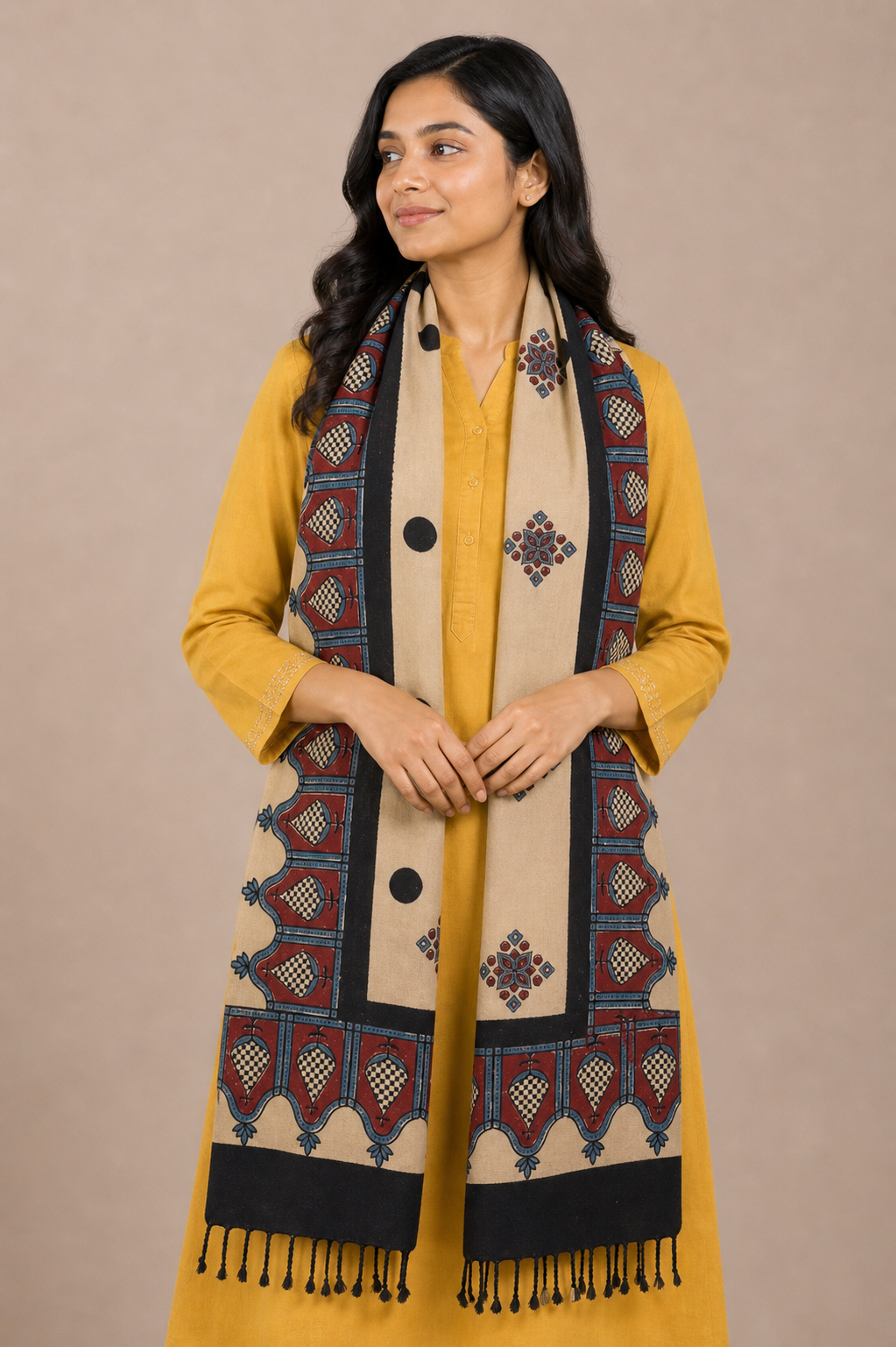 Ajrakh Kala Cotton Natural Dye Hand Block Print Stole With Tassels - 2 Mtr Length    -  SKU : EK26801B