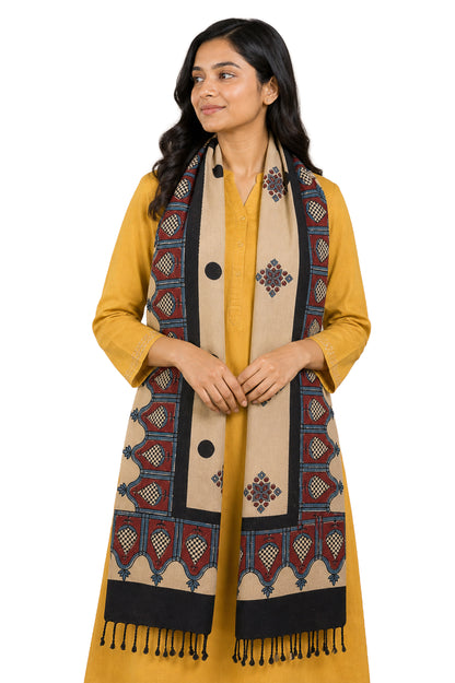 Ajrakh Kala Cotton Natural Dye Hand Block Print Stole With Tassels - 2 Mtr Length    -  SKU : EK26801B