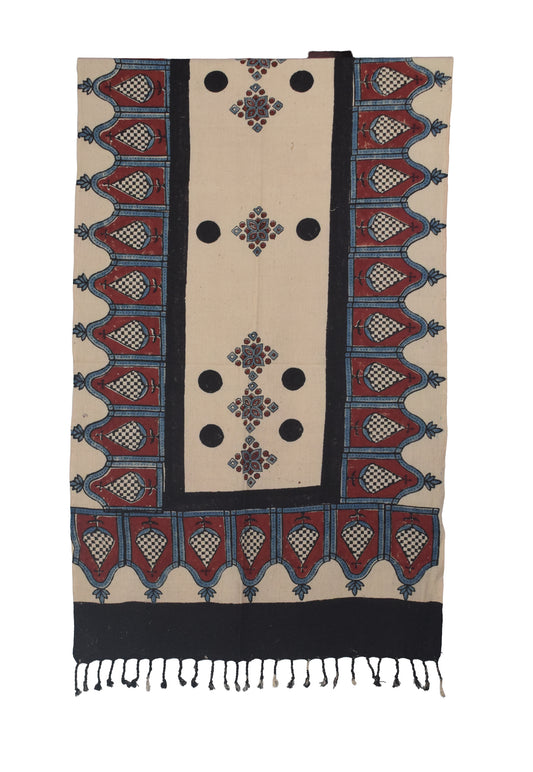 Ajrakh Kala Cotton Natural Dye Hand Block Print Stole With Tassels - 2 Mtr Length    -  SKU : EK26801B