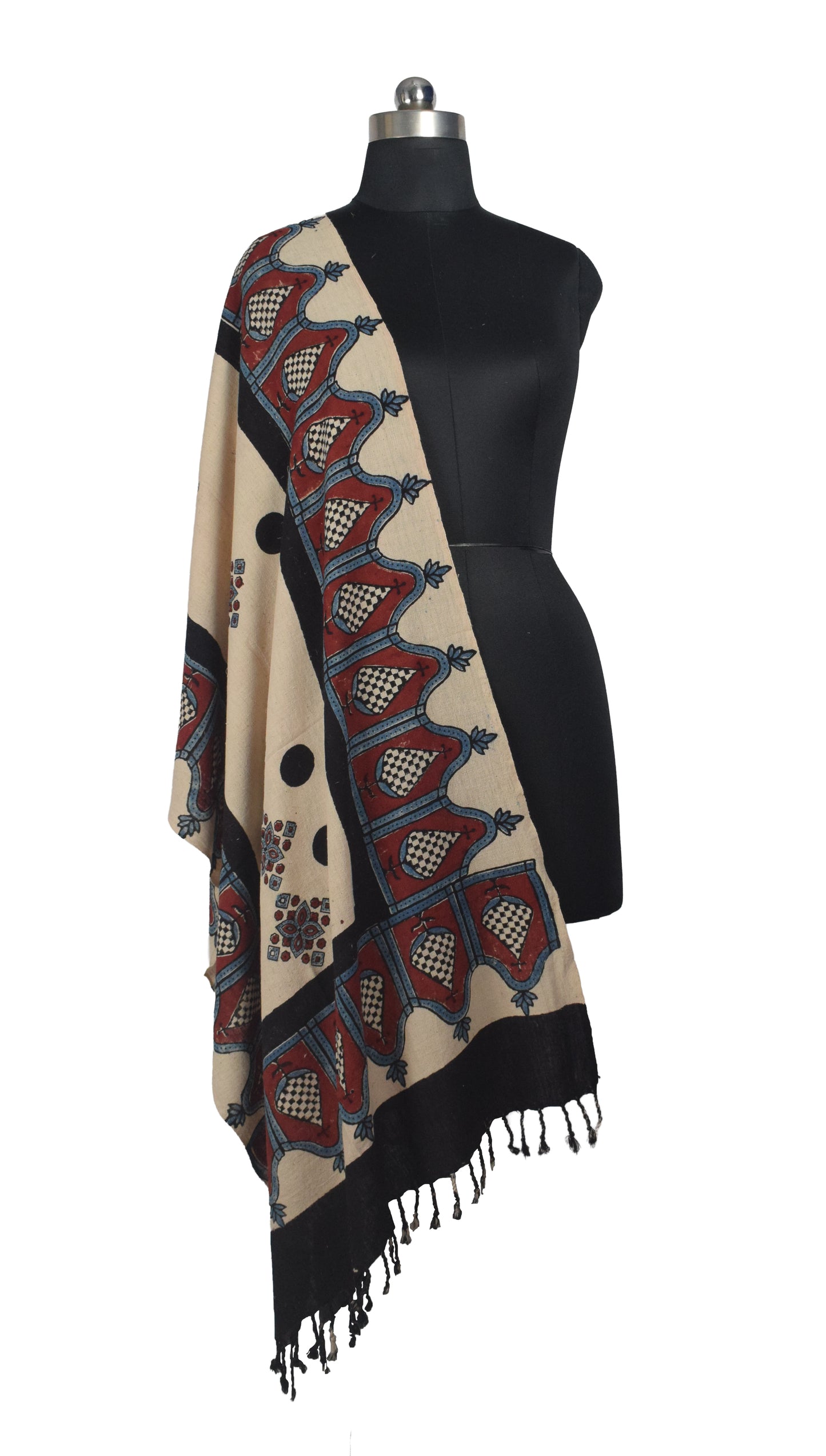 Ajrakh Kala Cotton Natural Dye Hand Block Print Stole With Tassels - 2 Mtr Length    -  SKU : EK26801B
