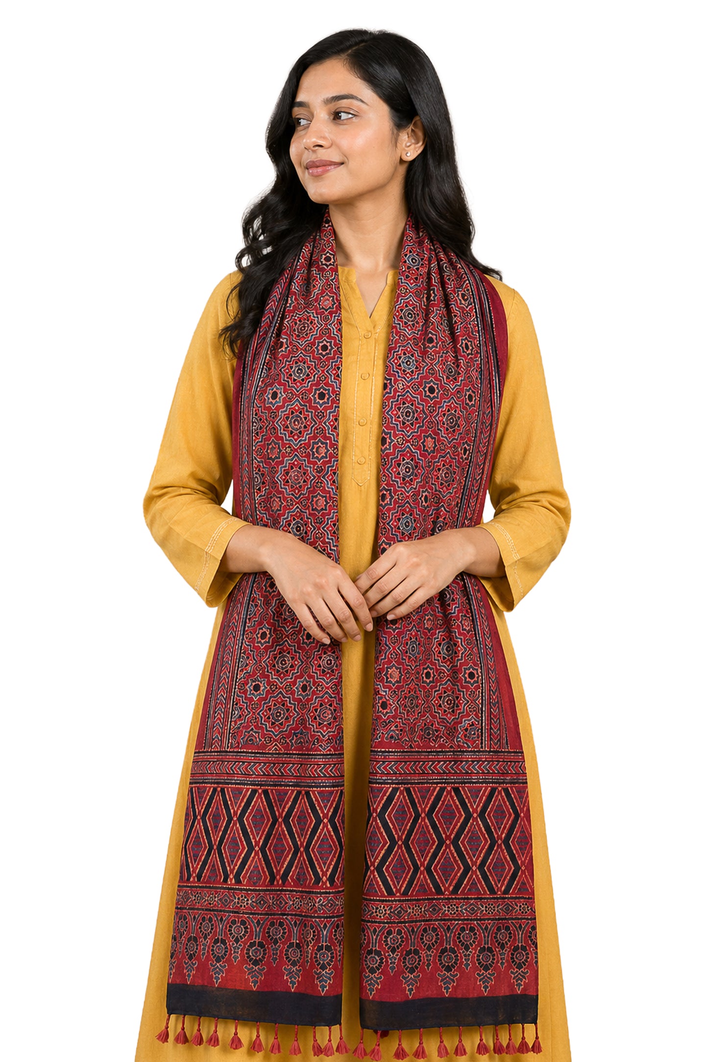 Ajrakh Kala Cotton Natural Dye Hand Block Print Stole With Tassels - 2 Mtr Length    -  SKU : DB03302B