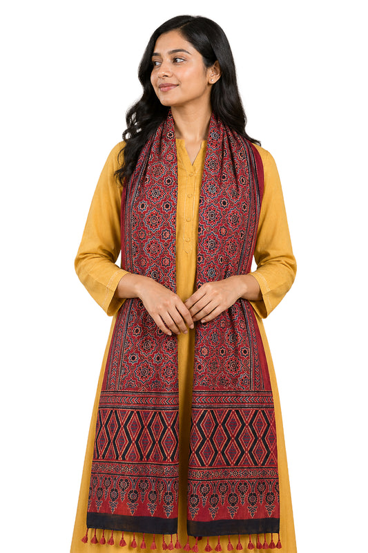 Ajrakh Kala Cotton Natural Dye Hand Block Print Stole With Tassels - 2 Mtr Length    -  SKU : DB03302B